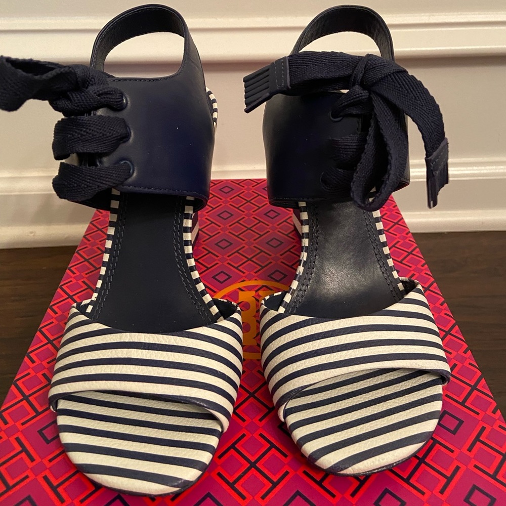 Tory Burch Navy and White Striped Wedges